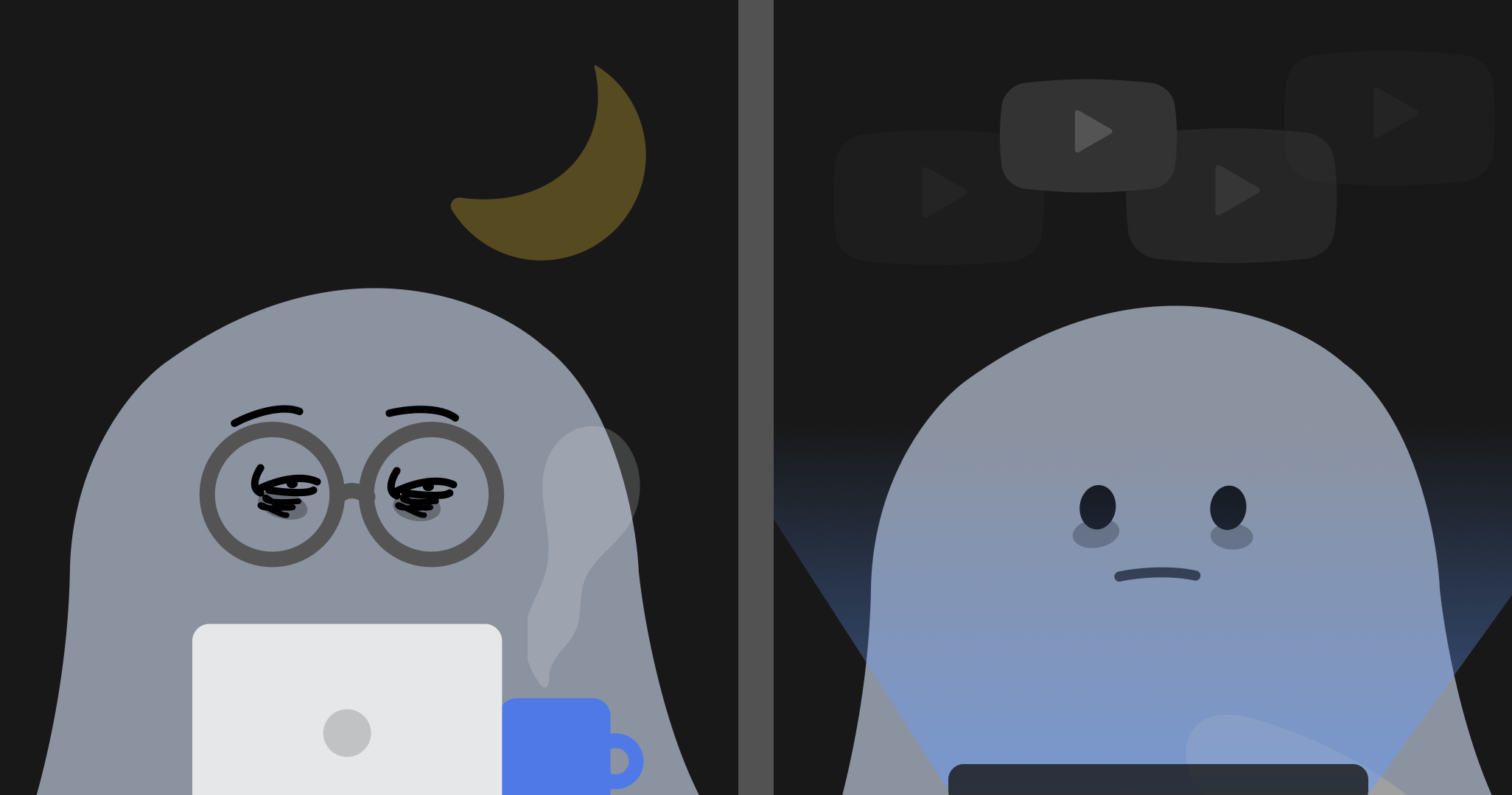 늦은 밤 노트북 앞에서 일하는 직장인과 스마트폰을 보며 누워 있는 사람. 수면 부족의 흔한 원인을 나타내는 이미지