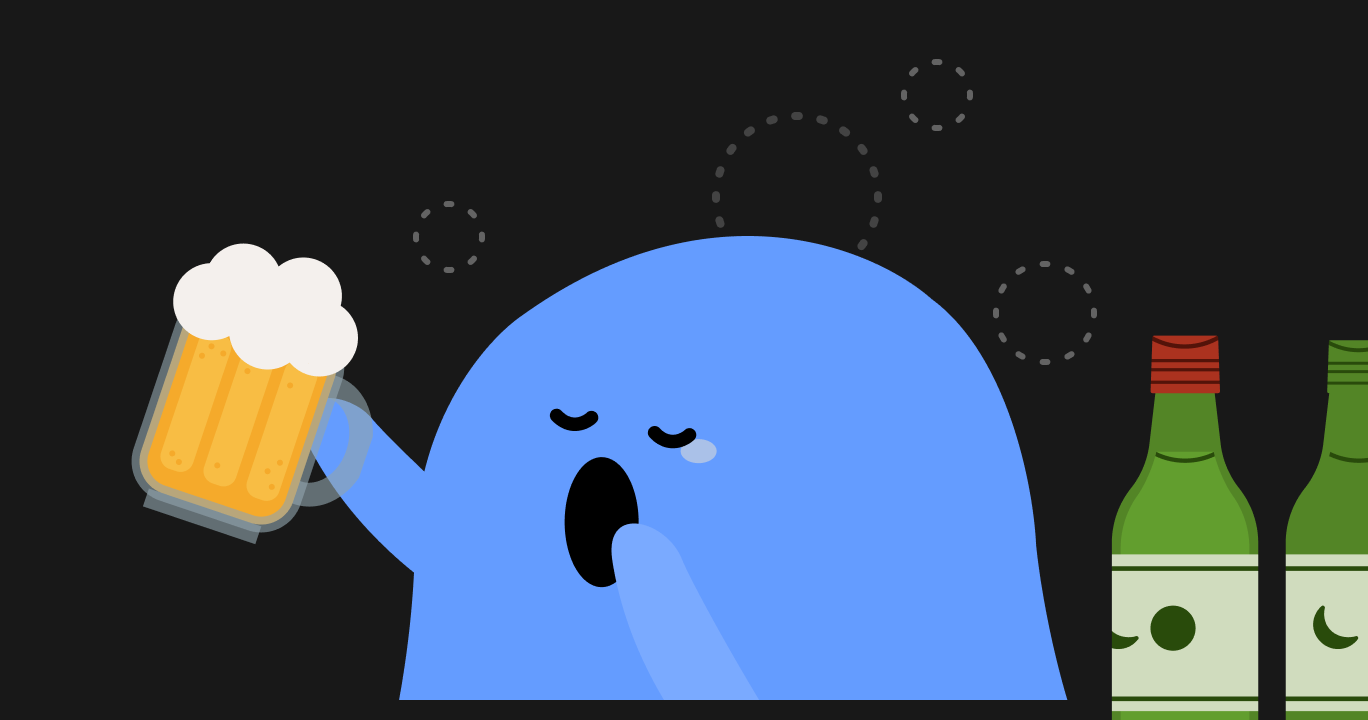 アルコールを摂取してGABA（ギャバ）が活性化し、アデノシン濃度が上昇して眠くなっている人の様子を示す画像