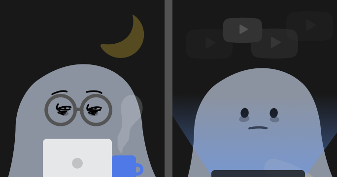 在深夜裡坐在筆記型電腦前工作的上班族和躺著看手機的人,呈現睡眠不足主要原因的圖片