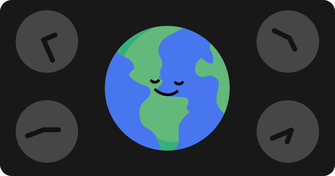 タイムゾーンを越える移動を示した矢印付きの世界地図